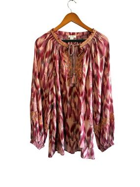 Sundance Sz XL Burgundy Pink Long Puff Sleeve Tassel Neck Top Aztec Southwestern